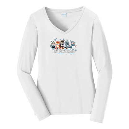 Shiba Inu Tis The Season Winter Port & Company® Ladies Long Sleeve Fan Favorite™ V-Neck Tee LPC450VLS - WagALotBowWow