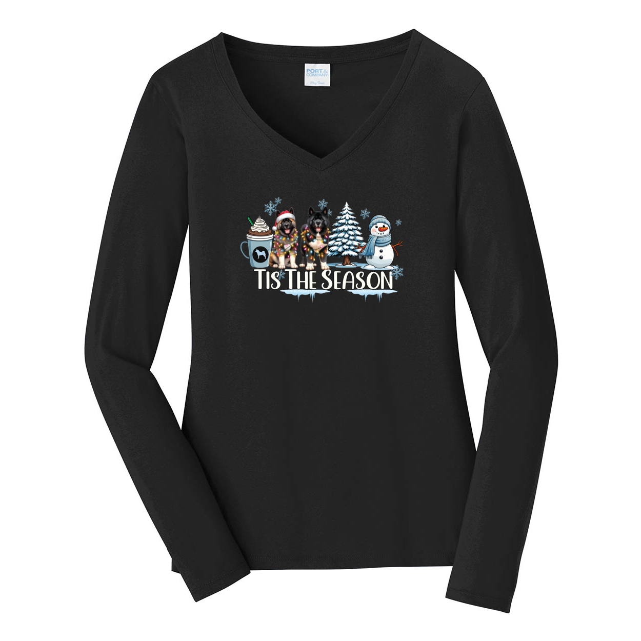 Akita Tis The Season Winter Port & Company® Ladies Long Sleeve Fan Favorite™ V-Neck Tee LPC450VLS - WagALotBowWow