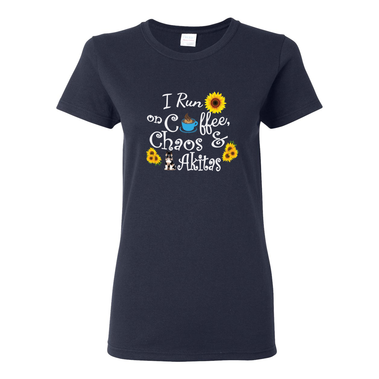 Chaos Akita Sunflower White Ladies SS T-Shirt - WagALotBowWow