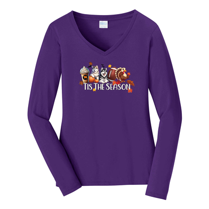 Alaskan Malamute Tis The Season Fall Port & Company® Ladies Long Sleeve Fan Favorite™ V-Neck Tee LPC450VLS - WagALotBowWow