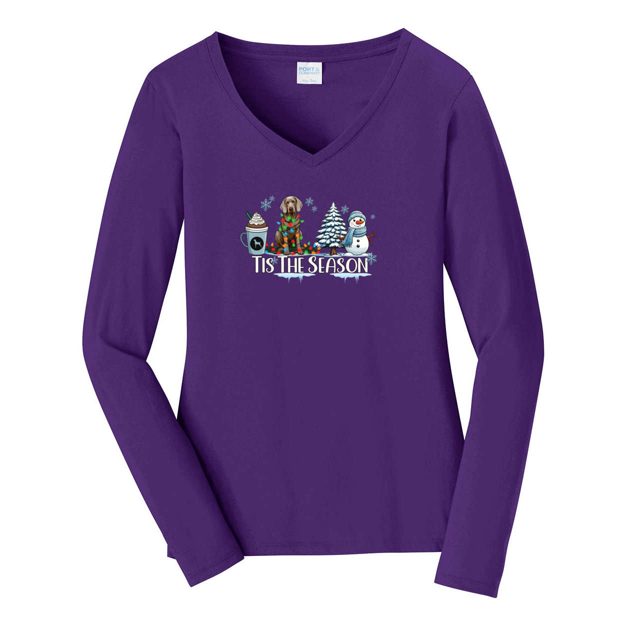 Weimaraner Tis The Season Winter Port & Company® Ladies Long Sleeve Fan Favorite™ V-Neck Tee LPC450VLS - WagALotBowWow
