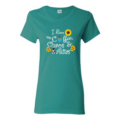 Chaos Akita Sunflower White Ladies SS T-Shirt - WagALotBowWow