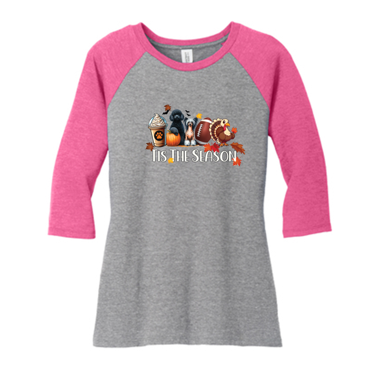 Poodle & CC Tis The Season Fall DM136L District ® Women’s Perfect Tri ® 3/4-Sleeve Raglan - WagALotBowWow