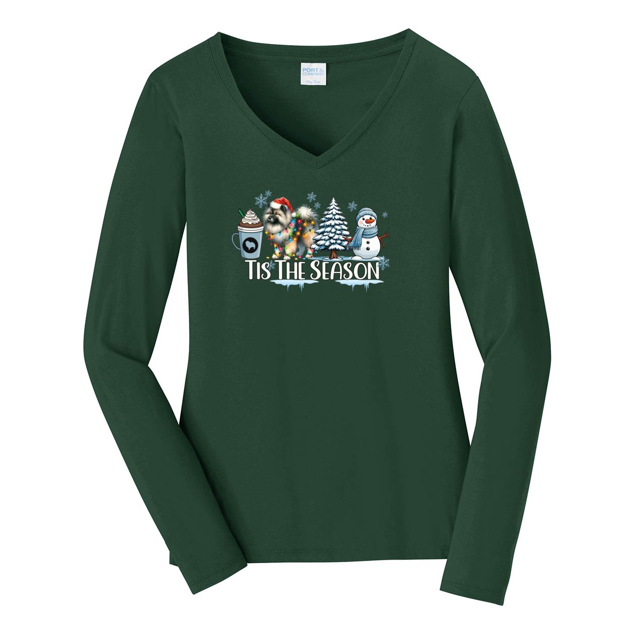 Keeshond Tis The Season Winter Port & Company® Ladies Long Sleeve Fan Favorite™ V-Neck Tee LPC450VLS - WagALotBowWow
