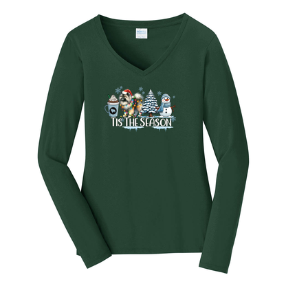 Keeshond Tis The Season Winter Port & Company® Ladies Long Sleeve Fan Favorite™ V-Neck Tee LPC450VLS - WagALotBowWow