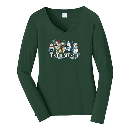 Keeshond Tis The Season Winter Port & Company® Ladies Long Sleeve Fan Favorite™ V-Neck Tee LPC450VLS - WagALotBowWow