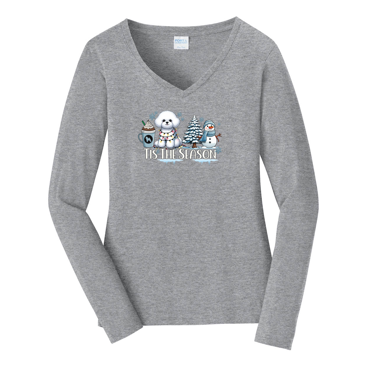 Bichon Frisé Tis The Season Winter Port & Company® Ladies Long Sleeve Fan Favorite™ V-Neck Tee LPC450VLS - WagALotBowWow