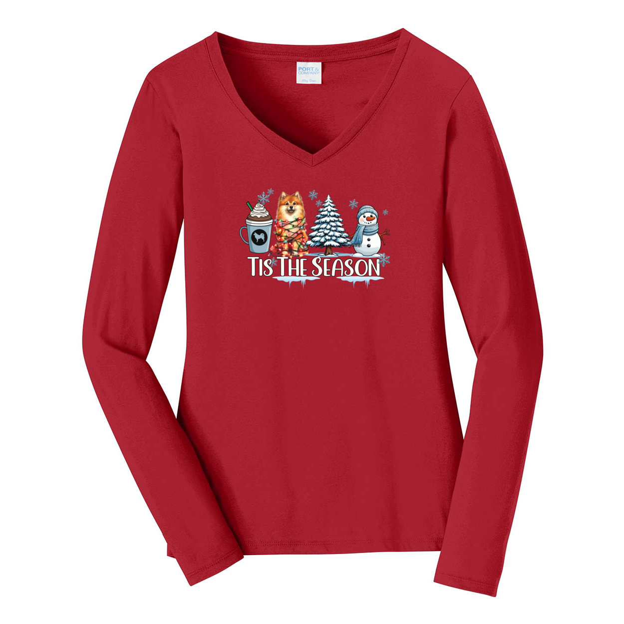 Finnish Spitz Tis The Season Winter Port & Company® Ladies Long Sleeve Fan Favorite™ V-Neck Tee LPC450VLS - WagALotBowWow