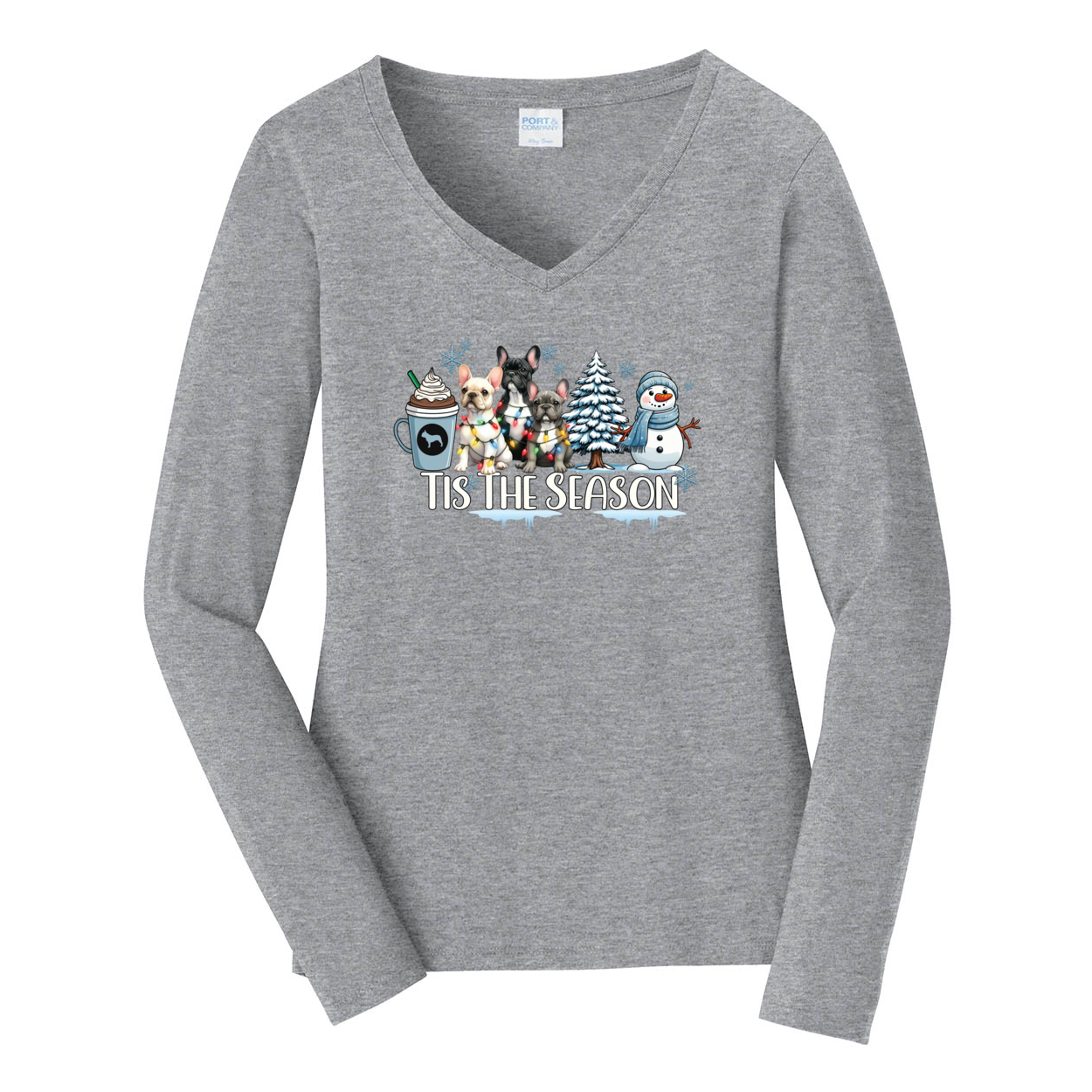 French Bulldog Tis The Season Winter Port & Company® Ladies Long Sleeve Fan Favorite™ V-Neck Tee LPC450VLS - WagALotBowWow