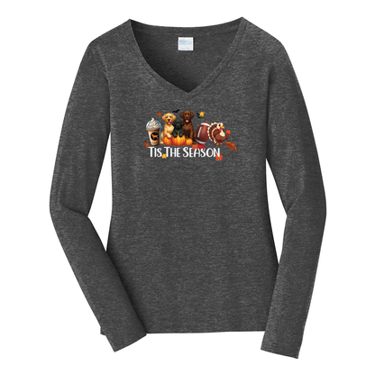 Labrador Tis The Season Turkey Port & Company® Ladies Long Sleeve Fan Favorite™ V-Neck Tee LPC450VLS - WagALotBowWow