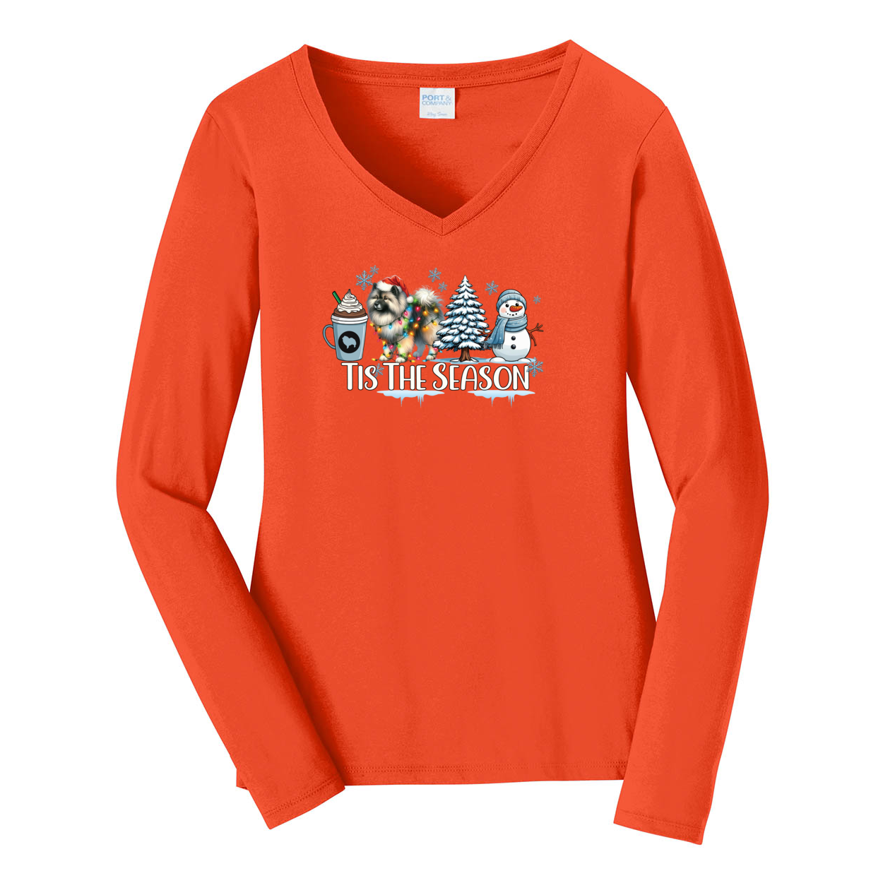 Keeshond Tis The Season Winter Port & Company® Ladies Long Sleeve Fan Favorite™ V-Neck Tee LPC450VLS - WagALotBowWow