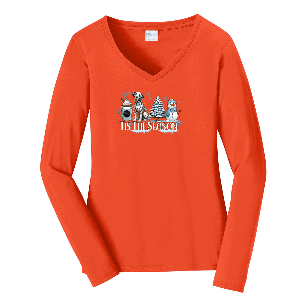 Dalmatian Tis The Season Winter Port & Company® Ladies Long Sleeve Fan Favorite™ V-Neck Tee LPC450VLS - WagALotBowWow