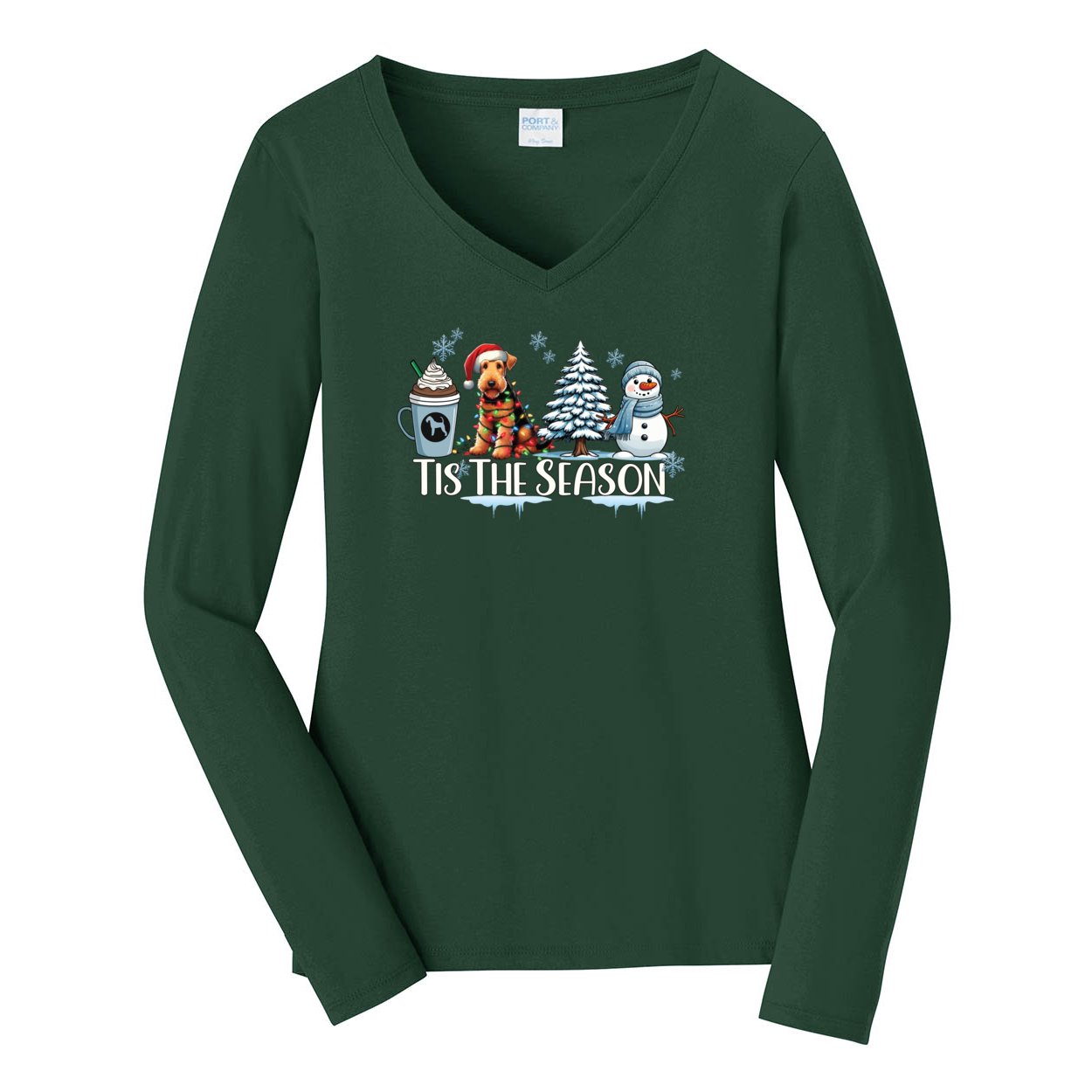 Airedale Terrier Tis The Season Winter Port & Company® Ladies Long Sleeve Fan Favorite™ V-Neck Tee LPC450VLS - WagALotBowWow