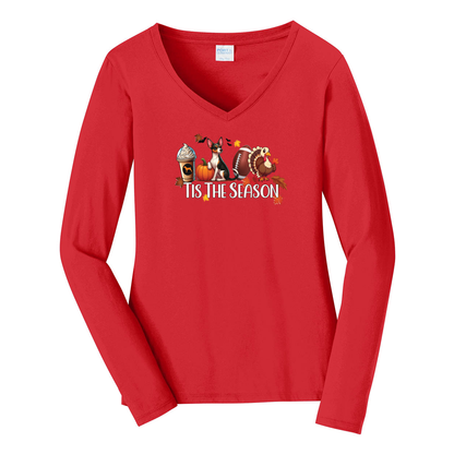 Rat Terrier Tis The Season Fall Port & Company® Ladies Long Sleeve Fan Favorite™ V-Neck Tee LPC450VLS - WagALotBowWow