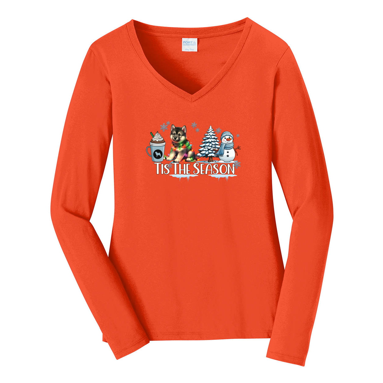 Norwegian Elkhound Tis The Season Winter Port & Company® Ladies Long Sleeve Fan Favorite™ V-Neck Tee LPC450VLS - WagALotBowWow
