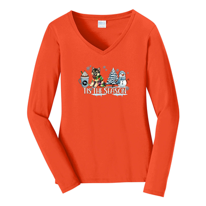 Norwegian Elkhound Tis The Season Winter Port & Company® Ladies Long Sleeve Fan Favorite™ V-Neck Tee LPC450VLS - WagALotBowWow