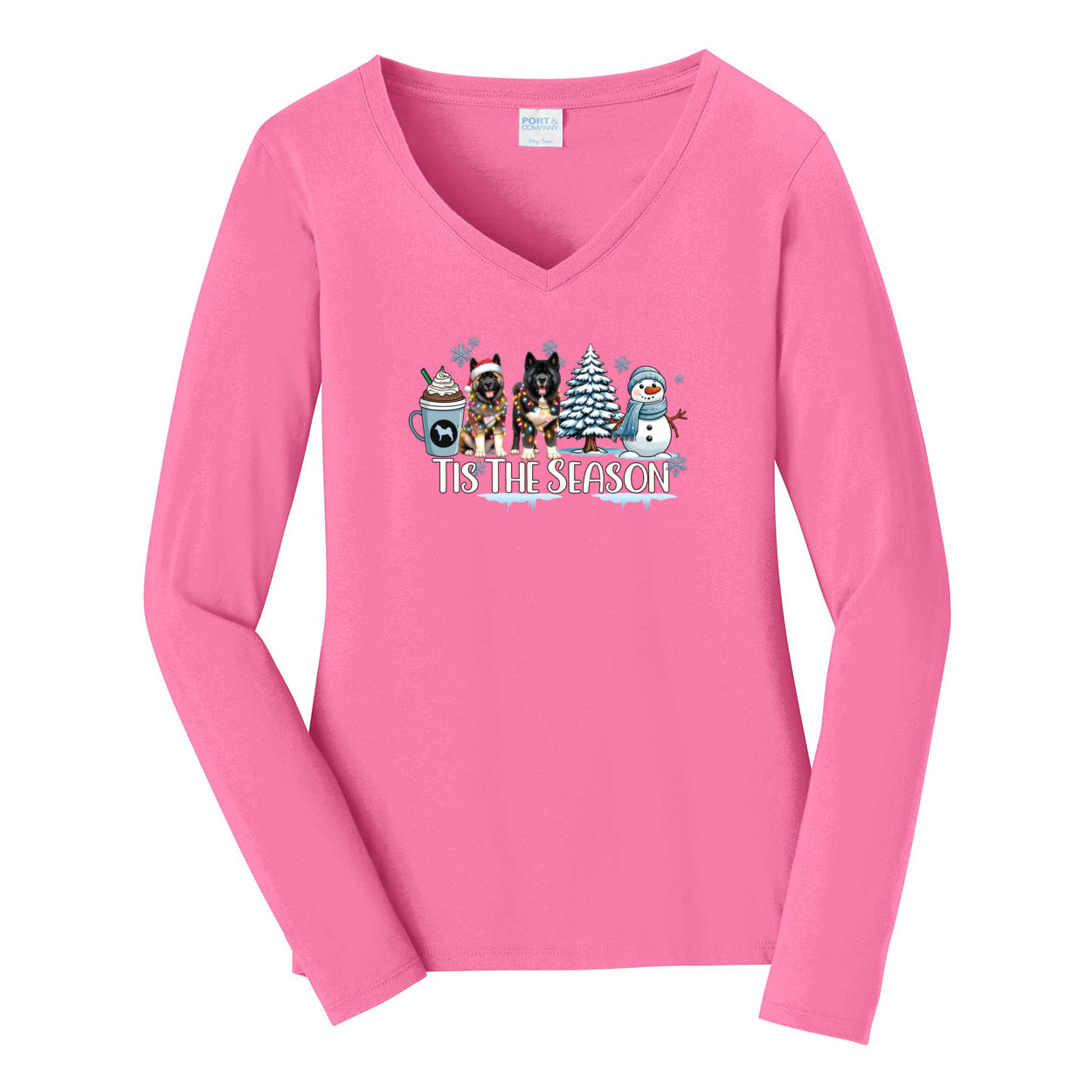 Akita Tis The Season Winter Port & Company® Ladies Long Sleeve Fan Favorite™ V-Neck Tee LPC450VLS - WagALotBowWow