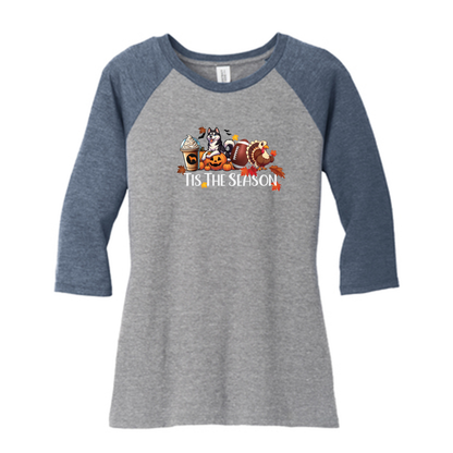 Tis The Season Fall Husky DM136L District ® Women’s Perfect Tri 3/4-Sleeve Raglan - WagALotBowWow