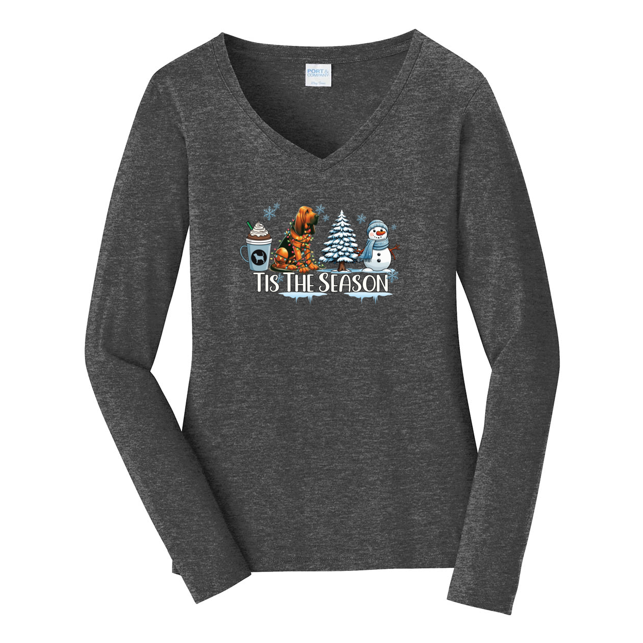 Bloodhound Tis The Season Winter Port & Company® Ladies Long Sleeve Fan Favorite™ V-Neck Tee LPC450VLS - WagALotBowWow