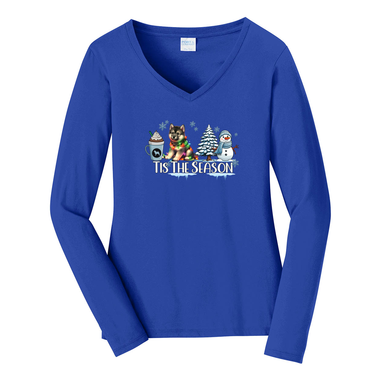 Norwegian Elkhound Tis The Season Winter Port & Company® Ladies Long Sleeve Fan Favorite™ V-Neck Tee LPC450VLS - WagALotBowWow