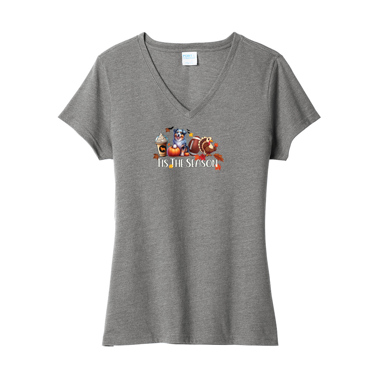 Blue Merle Aussie Tis The Season Fall V-Neck Tee SS - WagALotBowWow