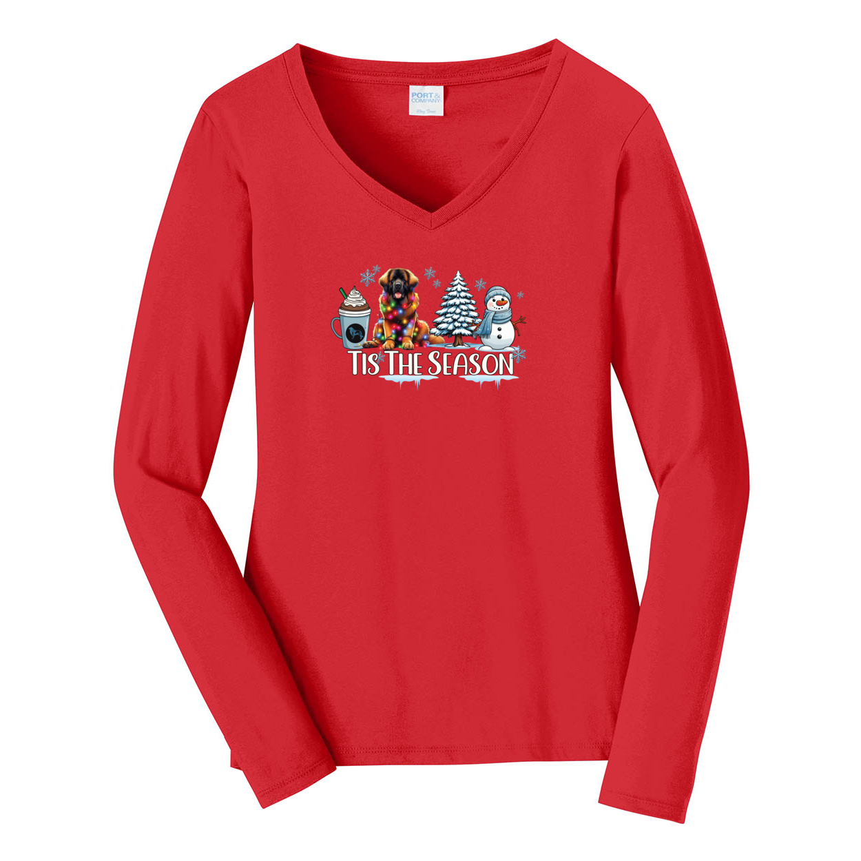 Leonberger Tis The Season Winter Port & Company® Ladies Long Sleeve Fan Favorite™ V-Neck Tee LPC450VLS - WagALotBowWow