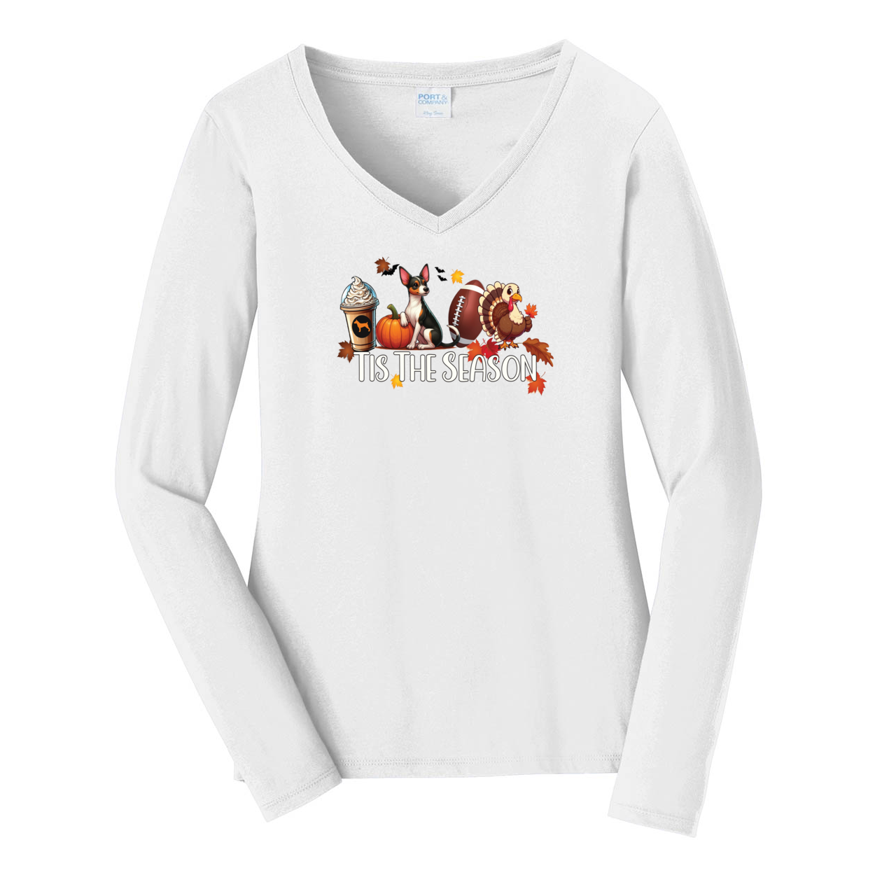 Rat Terrier Tis The Season Fall Port & Company® Ladies Long Sleeve Fan Favorite™ V-Neck Tee LPC450VLS - WagALotBowWow