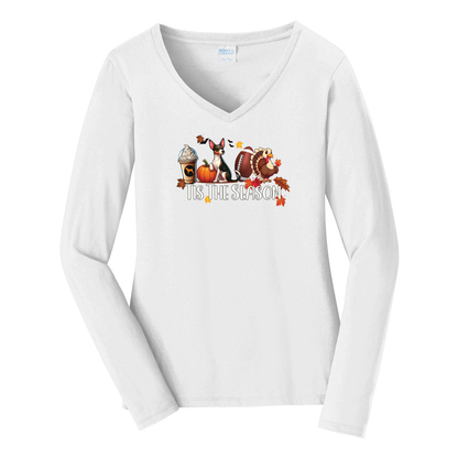 Rat Terrier Tis The Season Fall Port & Company® Ladies Long Sleeve Fan Favorite™ V-Neck Tee LPC450VLS - WagALotBowWow