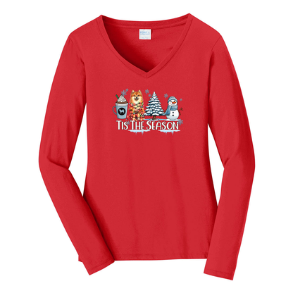 Finnish Spitz Tis The Season Winter Port & Company® Ladies Long Sleeve Fan Favorite™ V-Neck Tee LPC450VLS - WagALotBowWow
