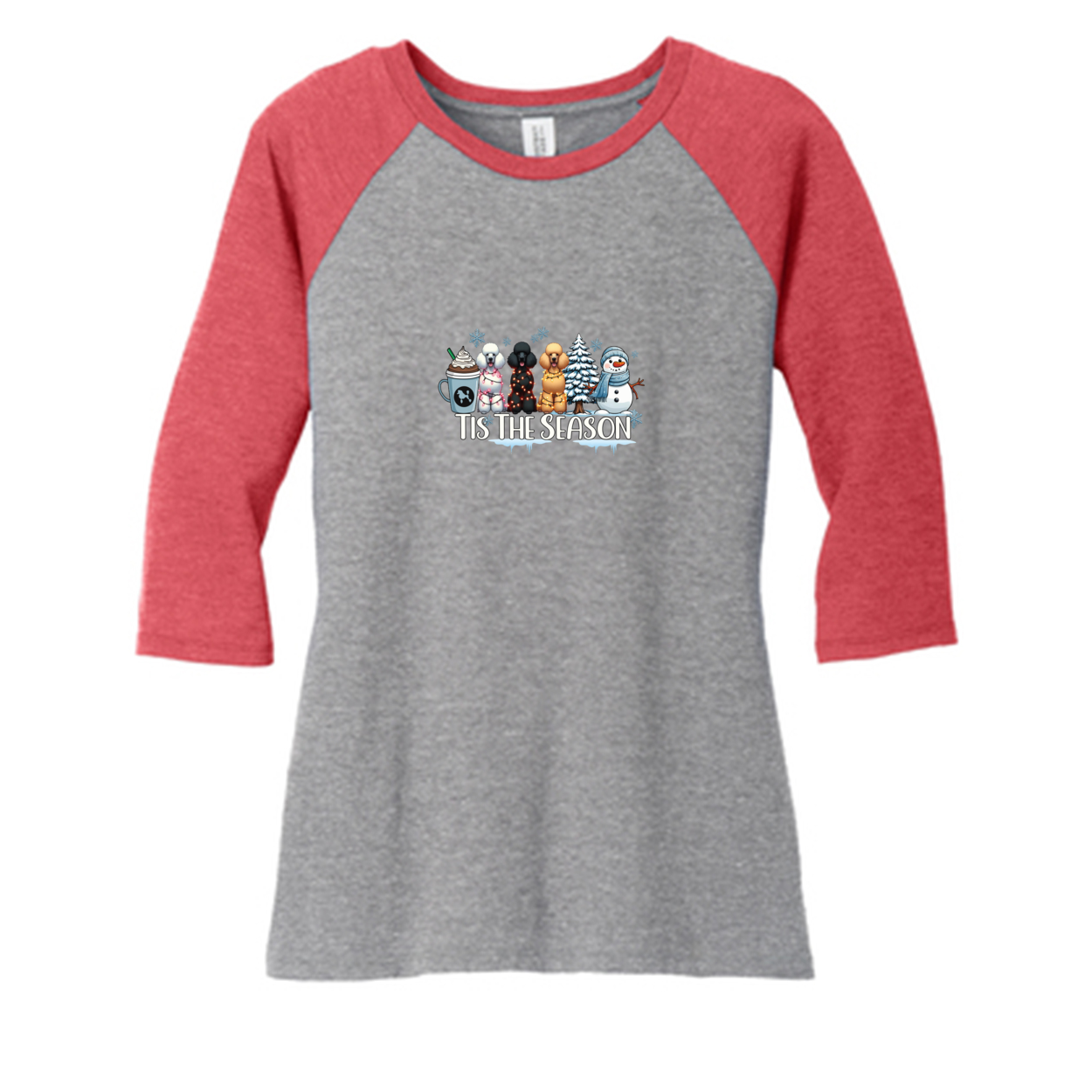 Poodle Tis The Season Winter DM136L District ® Women’s Perfect Tri ® 3/4-Sleeve Raglan - WagALotBowWow