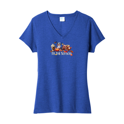 Blue Merle Aussie Tis The Season Fall V-Neck Tee SS - WagALotBowWow