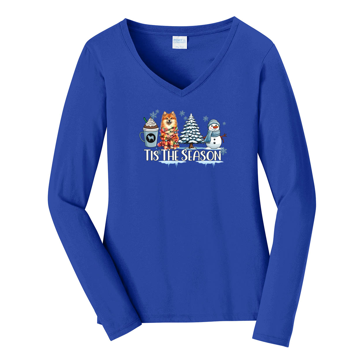 Finnish Spitz Tis The Season Winter Port & Company® Ladies Long Sleeve Fan Favorite™ V-Neck Tee LPC450VLS - WagALotBowWow