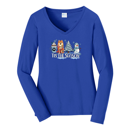 Finnish Spitz Tis The Season Winter Port & Company® Ladies Long Sleeve Fan Favorite™ V-Neck Tee LPC450VLS - WagALotBowWow