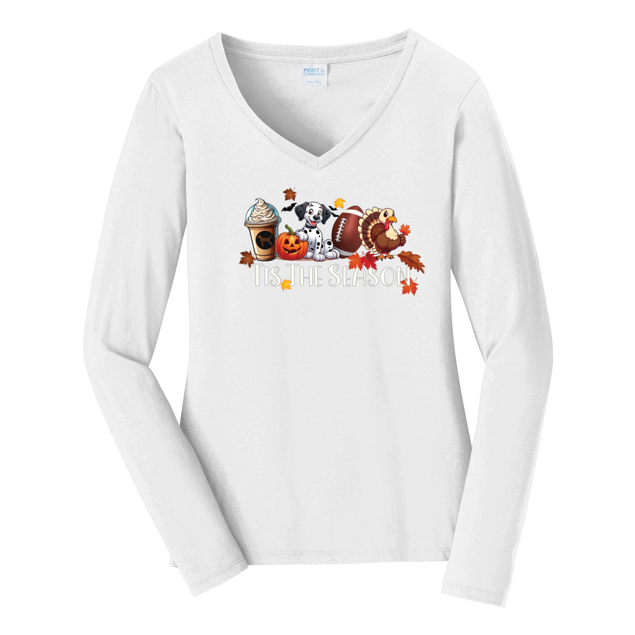 Dalmatian Tis The Season Fall Port & Company® Ladies Long Sleeve Fan Favorite™ V-Neck Tee LPC450VLS - WagALotBowWow