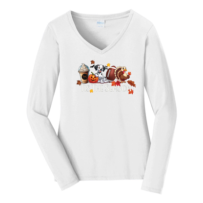 Dalmatian Tis The Season Fall Port & Company® Ladies Long Sleeve Fan Favorite™ V-Neck Tee LPC450VLS - WagALotBowWow