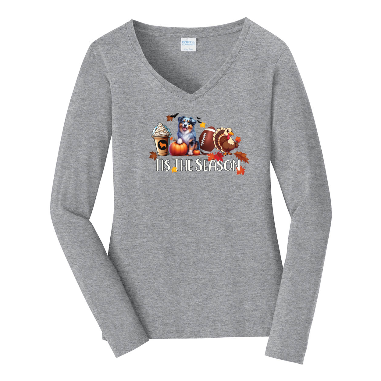 Blue Merle Australian Shepherd Tis The Season Fall V-Neck Long Sleeve - WagALotBowWow