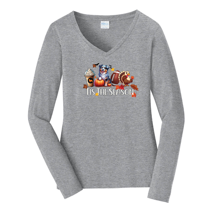 Blue Merle Australian Shepherd Tis The Season Fall V-Neck Long Sleeve - WagALotBowWow