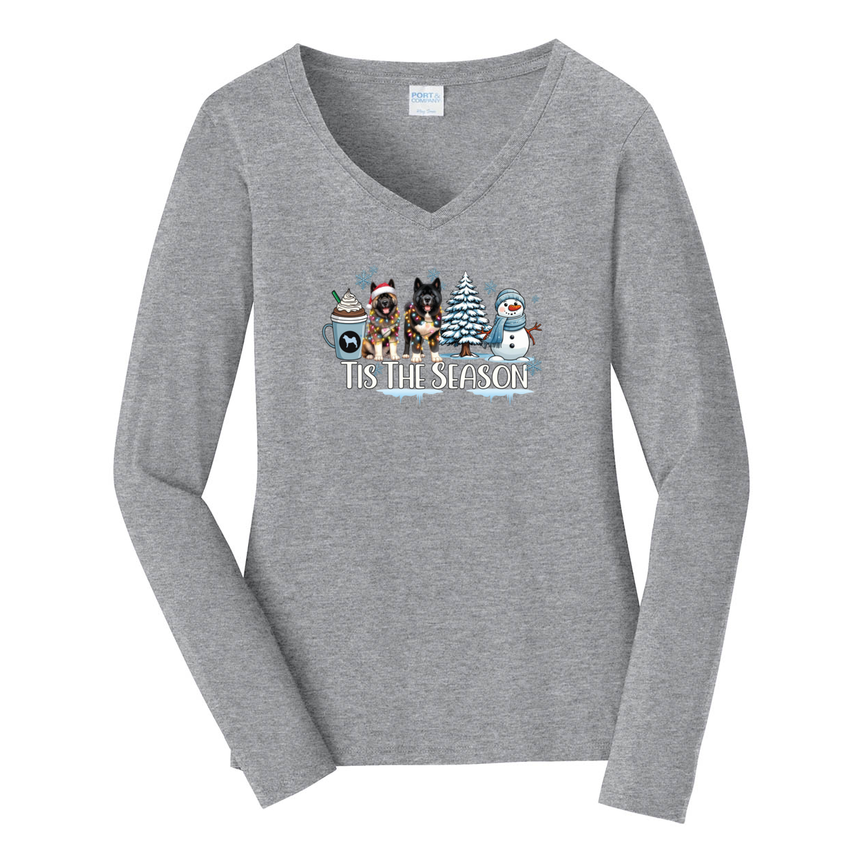 Akita Tis The Season Winter Port & Company® Ladies Long Sleeve Fan Favorite™ V-Neck Tee LPC450VLS - WagALotBowWow