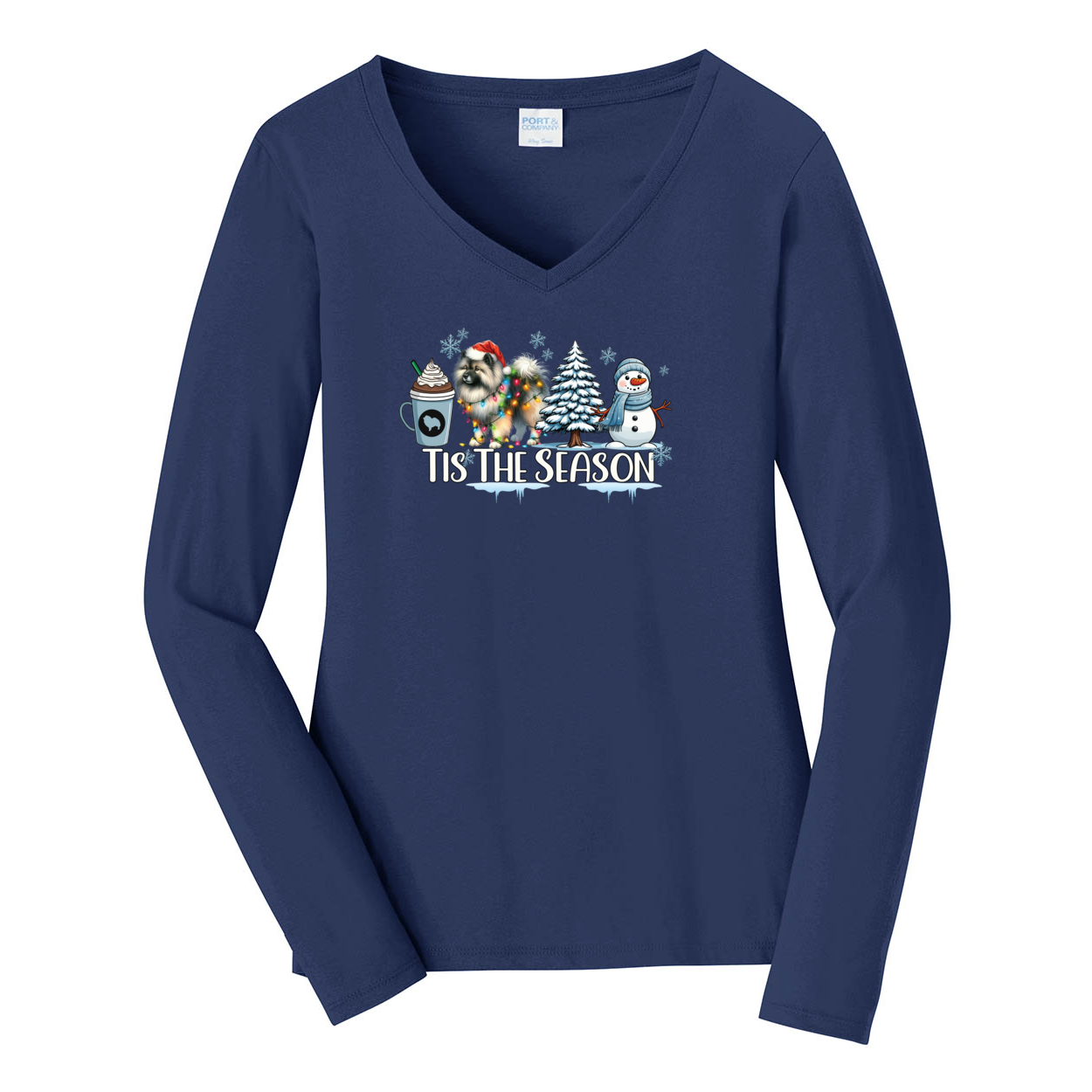 Keeshond Tis The Season Winter Port & Company® Ladies Long Sleeve Fan Favorite™ V-Neck Tee LPC450VLS - WagALotBowWow
