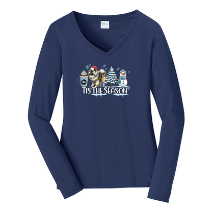 Keeshond Tis The Season Winter Port & Company® Ladies Long Sleeve Fan Favorite™ V-Neck Tee LPC450VLS - WagALotBowWow