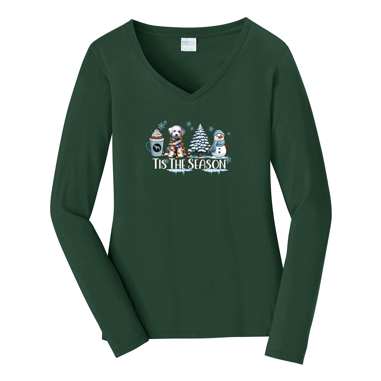Bedlington Terrier Tis The Season Winter Port & Company® Ladies Long Sleeve Fan Favorite™ V-Neck Tee LPC450VLS - WagALotBowWow