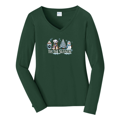 Bedlington Terrier Tis The Season Winter Port & Company® Ladies Long Sleeve Fan Favorite™ V-Neck Tee LPC450VLS - WagALotBowWow