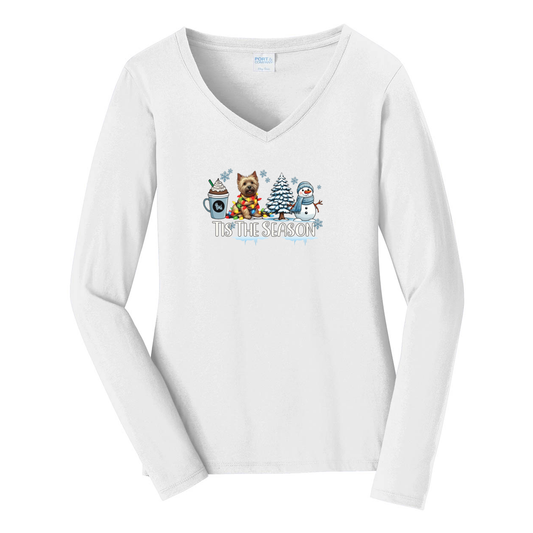 Cairn Terrier Tis The Season Winter Port & Company® Ladies Long Sleeve Fan Favorite™ V-Neck Tee LPC450VLS - WagALotBowWow