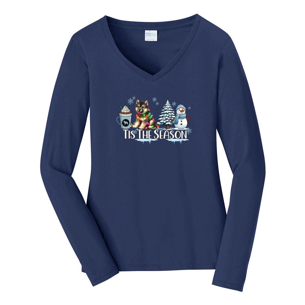 Norwegian Elkhound Tis The Season Winter Port & Company® Ladies Long Sleeve Fan Favorite™ V-Neck Tee LPC450VLS - WagALotBowWow