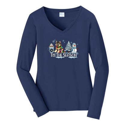 Norwegian Elkhound Tis The Season Winter Port & Company® Ladies Long Sleeve Fan Favorite™ V-Neck Tee LPC450VLS - WagALotBowWow