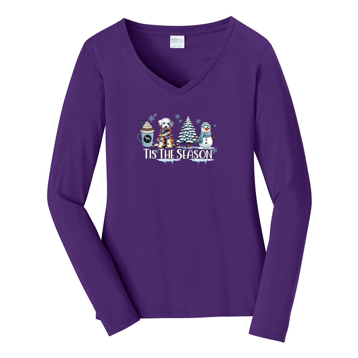 Bedlington Terrier Tis The Season Winter Port & Company® Ladies Long Sleeve Fan Favorite™ V-Neck Tee LPC450VLS - WagALotBowWow