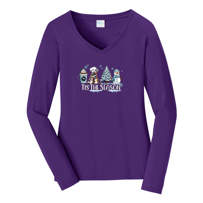 Bedlington Terrier Tis The Season Winter Port & Company® Ladies Long Sleeve Fan Favorite™ V-Neck Tee LPC450VLS - WagALotBowWow