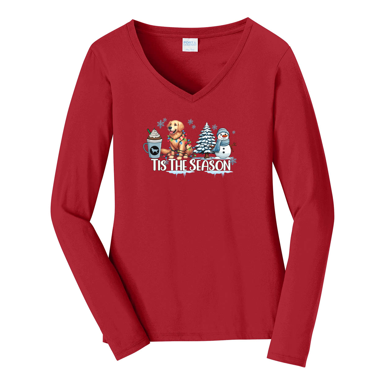 Golden Tis The Season Winter Port & Company® Ladies Long Sleeve Fan Favorite™ V-Neck Tee LPC450VLS - WagALotBowWow