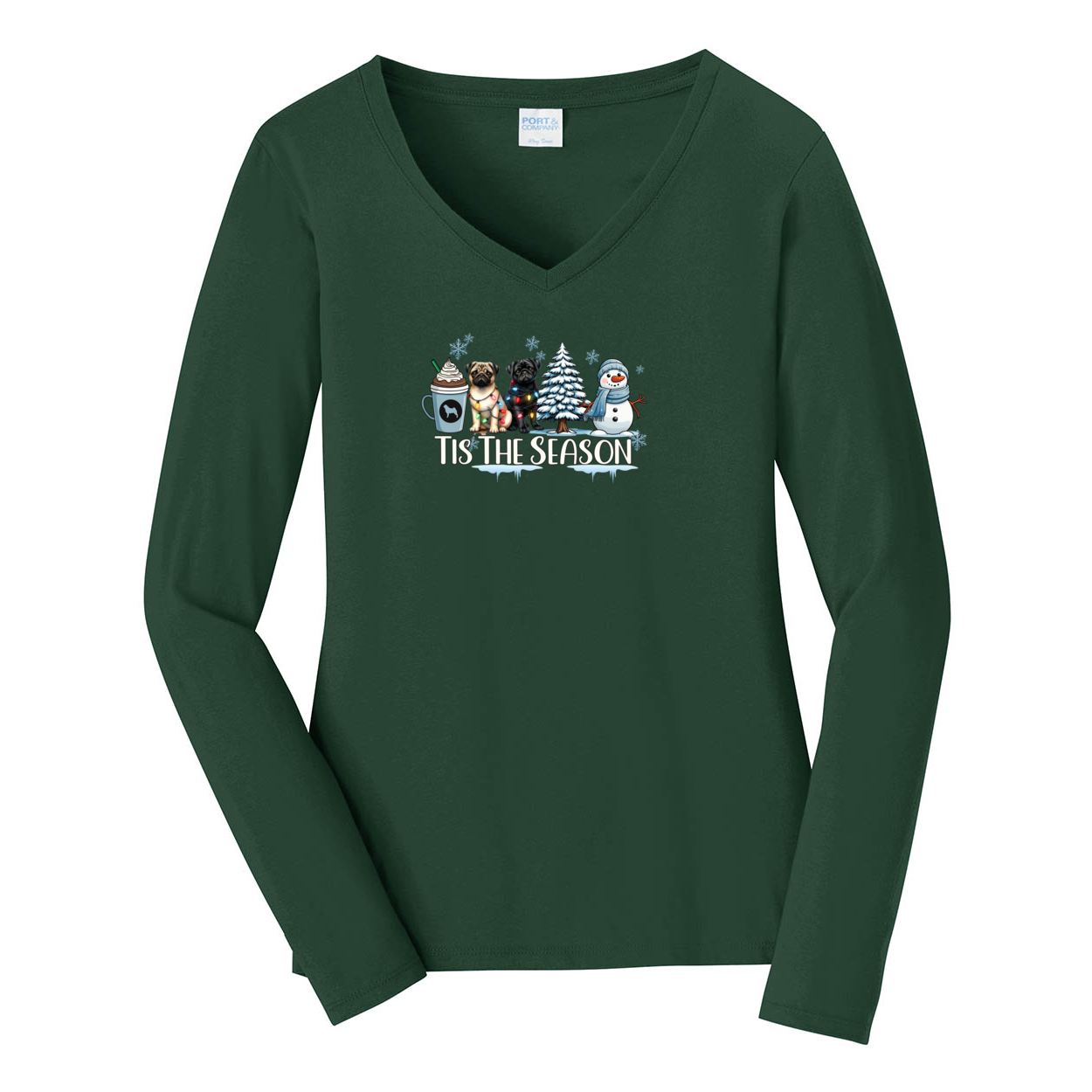 Pug Tis The Season Winter Ladies Long Sleeve Fan Favorite™ V-Neck Tee - WagALotBowWow