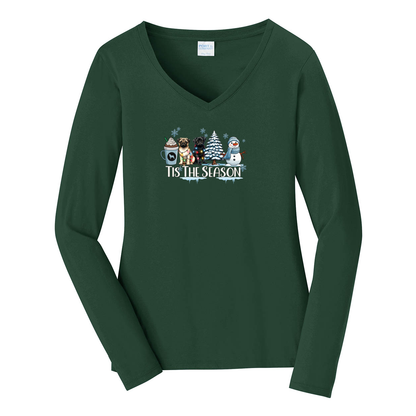 Pug Tis The Season Winter Ladies Long Sleeve Fan Favorite™ V-Neck Tee - WagALotBowWow